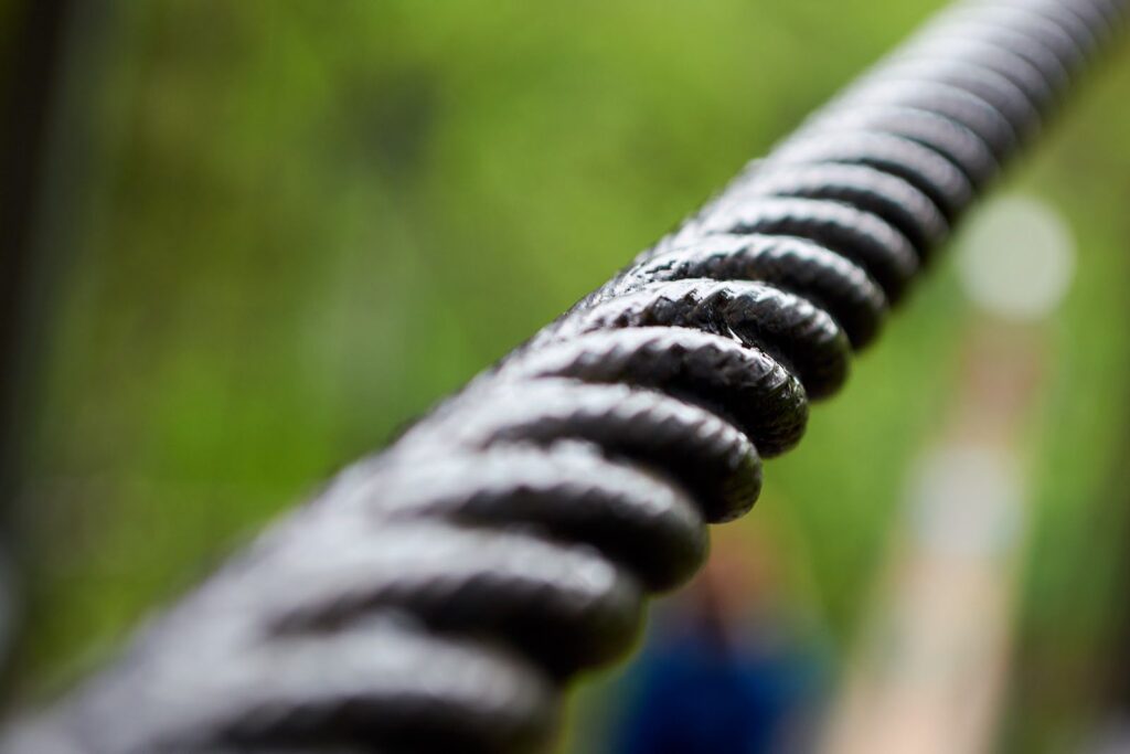 Close-up of stainless steel wire rope strands